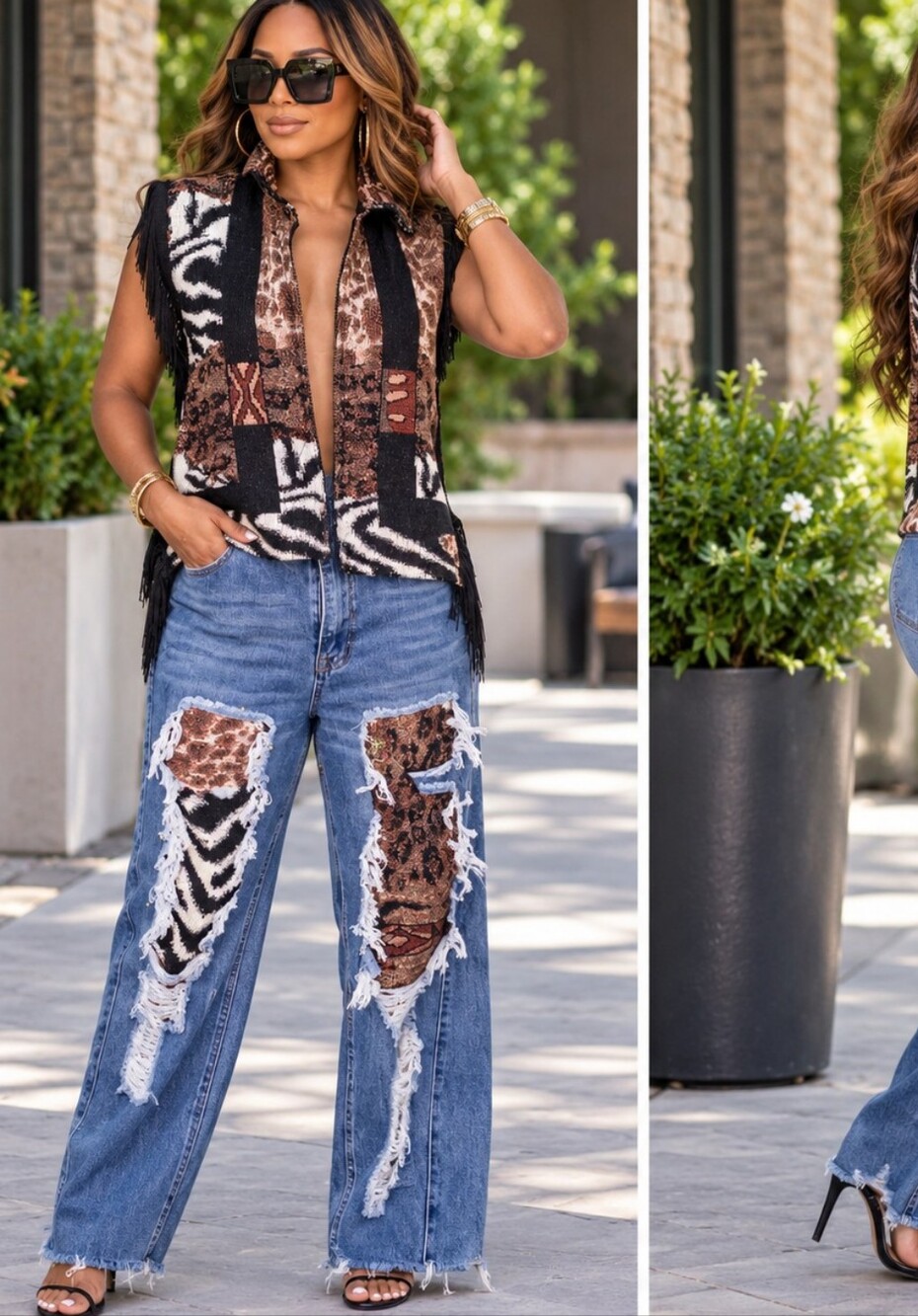 Frayed Patchwork Jeans Set